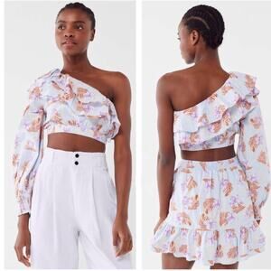 Urban Outfitters Kate One Sleeve Crop Top Large Blue Floral Ruffle